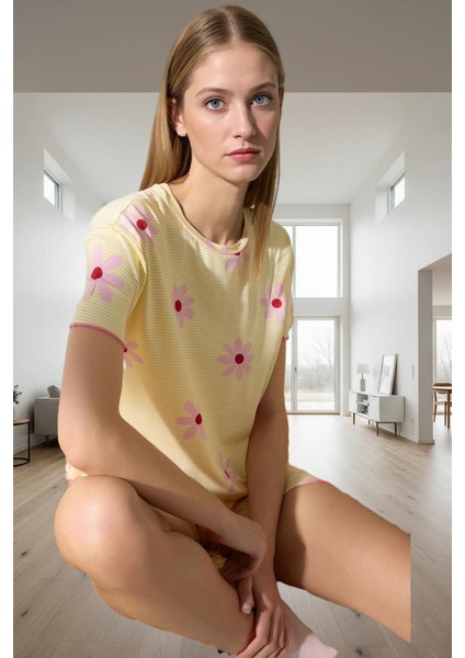 Viskoz Örme Pijama Takımı Çiçekli Desen Baby Overlok Regular Kalıp Yazlık Rahatlık Modern Stil