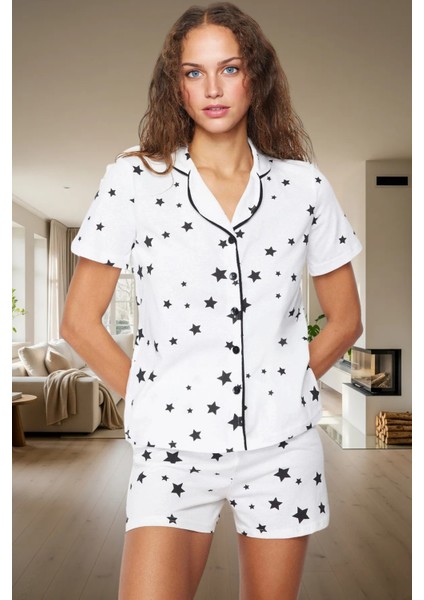 Yazlık %100 Pamuk Biyeli Pijama Takımı Yıldız Desenli Örme Kumaş Rahat Modern Stil