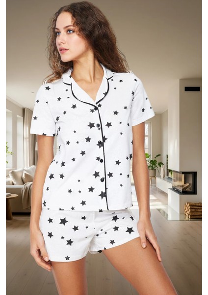 Yazlık %100 Pamuk Biyeli Pijama Takımı Yıldız Desenli Örme Kumaş Rahat Modern Stil fiyatları