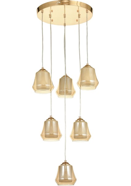 Venita 6 lı Bal+Beyaz Çift Camlı Salon Oturma Odası Modern Sarkıt Avize - (Gold Kaplama)