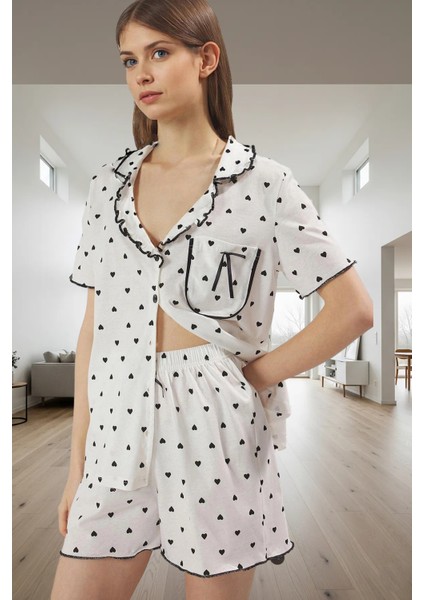 Yazlık %100 Pamuk Pijama Takımı Kalp Desenli Fırfırlı Regular Kalıp Ev Giyim Rahat Kullanım fiyatları