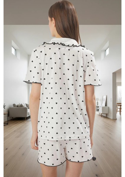Yazlık %100 Pamuk Pijama Takımı Kalp Desenli Fırfırlı Regular Kalıp Ev Giyim Rahat Kullanım modelleri
