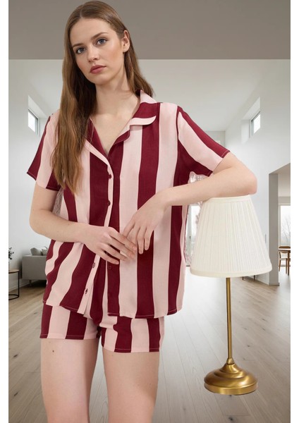 Rahat Viskoz Pijama Takımı Çizgili Shally Dokuma Yazlık Modern Stil Dayanıklı Malzeme