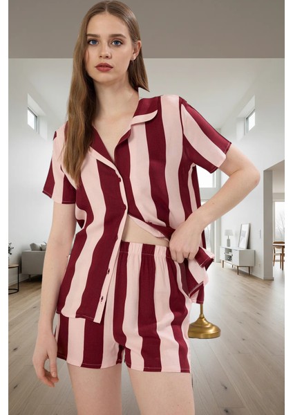 Rahat Viskoz Pijama Takımı Çizgili Shally Dokuma Yazlık Modern Stil Dayanıklı Malzeme fiyatları