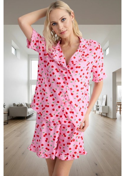 Rahat ve Şık Viskoz Pijama Takımı Kısa Kollu Kiraz Desenli Profesyonel Görünüm Premium Kalite