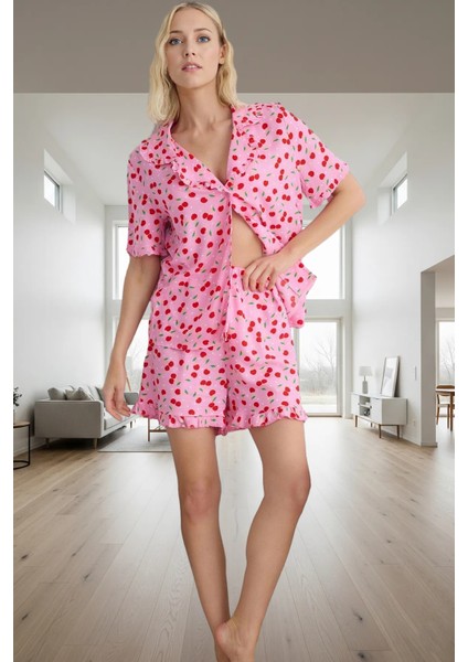 Rahat ve Şık Viskoz Pijama Takımı Kısa Kollu Kiraz Desenli Profesyonel Görünüm Premium Kalite fiyatları