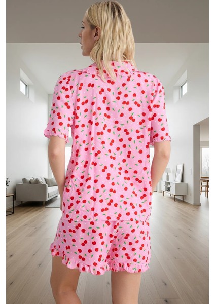 Rahat ve Şık Viskoz Pijama Takımı Kısa Kollu Kiraz Desenli Profesyonel Görünüm Premium Kalite modelleri