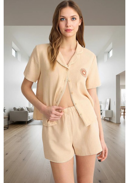 Regular Müslin Pijama Takımı Kısa Kollu Gömlek ve Şort Premium Kalite Zarifane Tasarım fiyatları