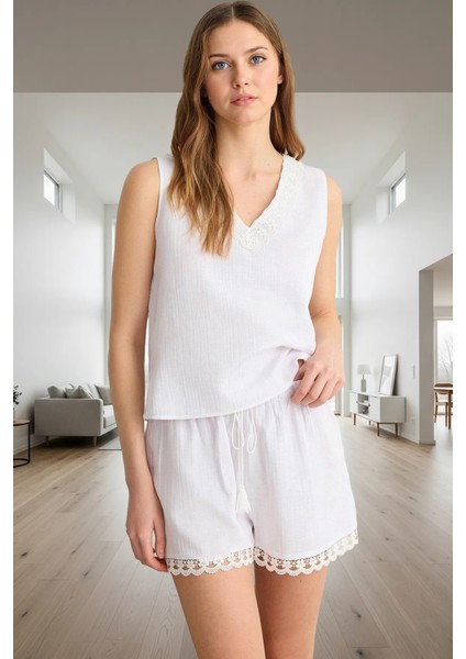 100 Pamuk Müslin Dantel Detaylı Rahat Pijama Takımı Modern Stil Günlük Kullanım Için