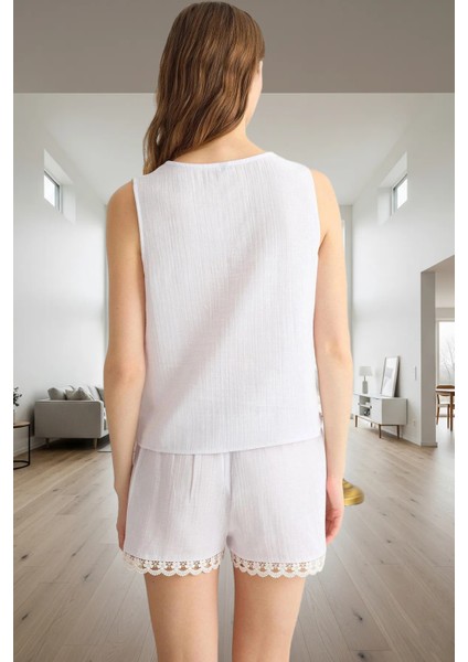 100 Pamuk Müslin Dantel Detaylı Rahat Pijama Takımı Modern Stil Günlük Kullanım Için modelleri