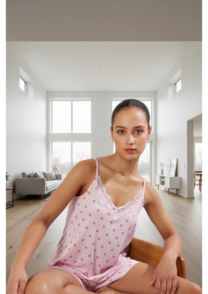 Kaşkorse Kumaş Pijama Takımı Regular Kalıp Kalp Desenli Atlet ve Şort Modern Stil