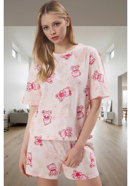 Yazlık %100 Pamuk Ayıcıklı Pijama Takımı Rahat Nefes Alan Boru Paça Şort Zarifane Tasarım