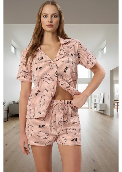 Rahat Yazlık Pijama Takımı Ayıcıklı Gofre Dokuma Şortlu Günlük Kullanım Için