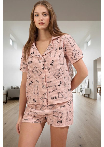 Rahat Yazlık Pijama Takımı Ayıcıklı Gofre Dokuma Şortlu Günlük Kullanım Için fiyatları