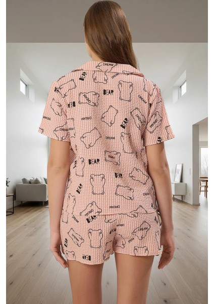 Rahat Yazlık Pijama Takımı Ayıcıklı Gofre Dokuma Şortlu Günlük Kullanım Için modelleri