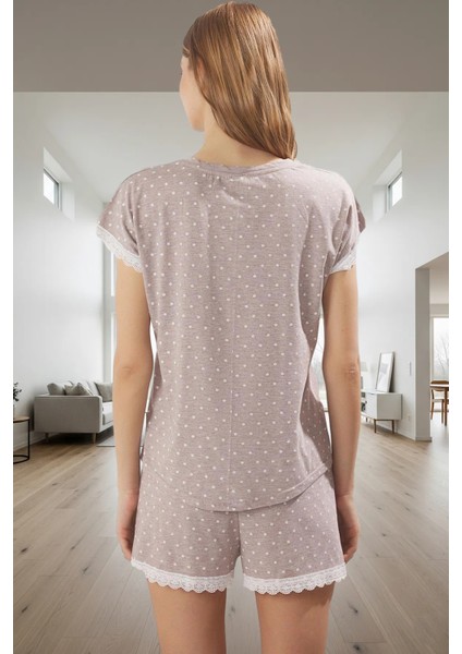 Puantiyeli Dantel Detaylı Pamuklu Pijama Takımı Yazlık Rahat Şortlu ve Şık Zarifane Tasarım modelleri
