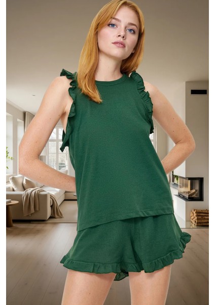 Pamuklu Örme Pijama Takımı Kalpli Desenli Büzgülü Kol Kısa Paça Regular Kalıp Konforlu Kesim