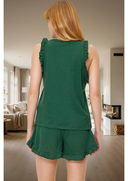 Pamuklu Örme Pijama Takımı Kalpli Desenli Büzgülü Kol Kısa Paça Regular Kalıp Konforlu Kesim modelleri