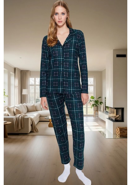 Yumuşak Dokulu Ekose Pijama Takımı 97% Polyester Regular Kalıp Kışlık Konfor Yüksek Kalite