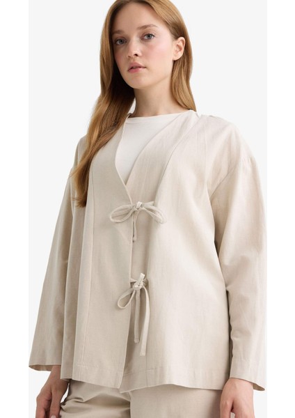 Regular Fit V Yaka Keten Karışımlı Kimono