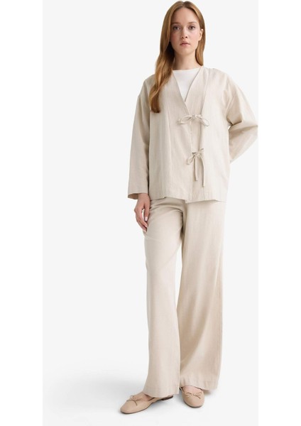 Regular Fit V Yaka Keten Karışımlı Kimono fiyatları