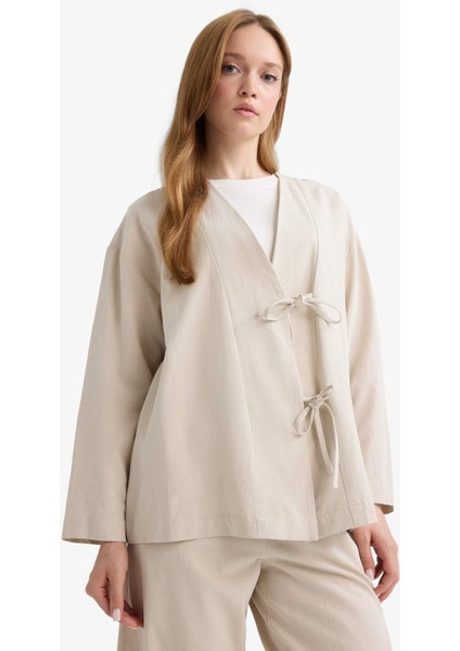Regular Fit V Yaka Keten Karışımlı Kimono indirimleri