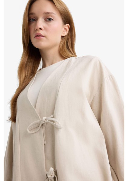 Regular Fit V Yaka Keten Karışımlı Kimono