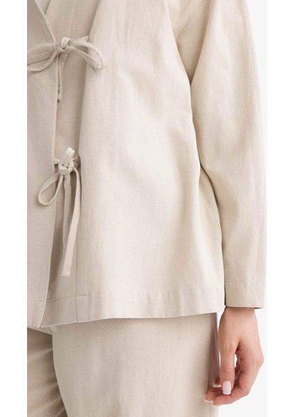 Regular Fit V Yaka Keten Karışımlı Kimono