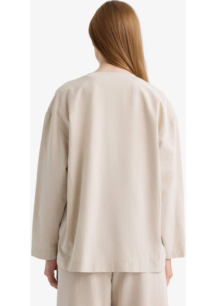 Regular Fit V Yaka Keten Karışımlı Kimono