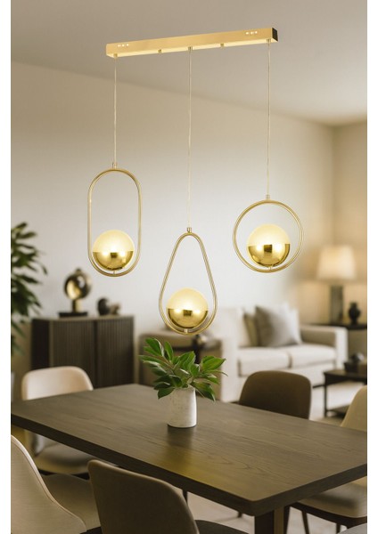 Serra 3'lü Yemek Masası Üstü Akrilik Toplu Salon Oturma Odası Modern Sarkıt Avize - Gold