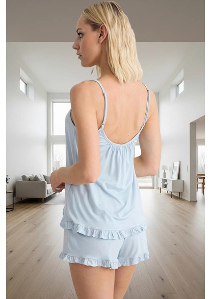 Homewear Örme Pijama Takımı Fırfırlı Detaylar Rahat Kalıp Viskoz Kumaş Uzun Ömürlü