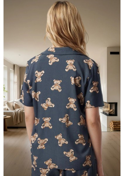 Dokuma Viskoz Pijama Takımı Şortlu Ayıcıklı Desen Rahat Yazlık Ev Için Seçkin Malzeme modelleri