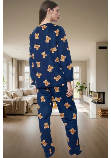 100 Polyester Polar Kışlık Pijama Takımı Ayıcıklı Desenli Boru Paça Rahat ve Şık Modern Stil modelleri