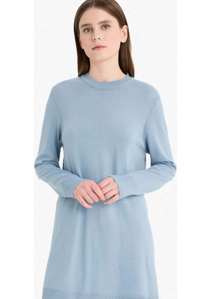 Regular Fit Bisiklet Yaka Yırtmaçlı Basic Düz Triko Kazak Tunik H3431AZ25WN