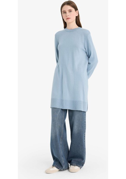 Regular Fit Bisiklet Yaka Yırtmaçlı Basic Düz Triko Kazak Tunik H3431AZ25WN fiyatları