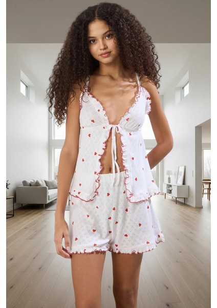 Rahat ve Şık Pamuklu Pijama Takımı Kalpli Desen V Yaka Kolsuz Görünüm Zarifane Tasarım