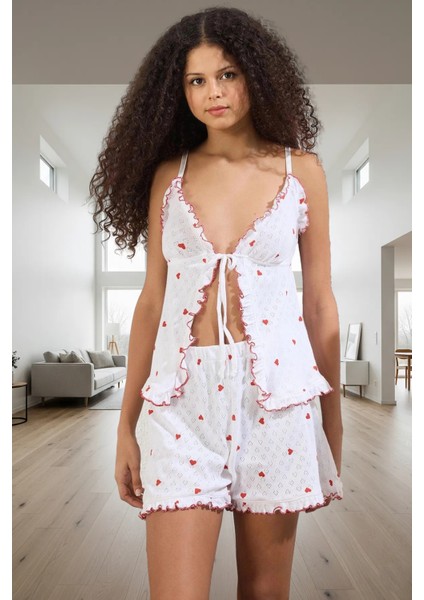 Rahat ve Şık Pamuklu Pijama Takımı Kalpli Desen V Yaka Kolsuz Görünüm Zarifane Tasarım fiyatları