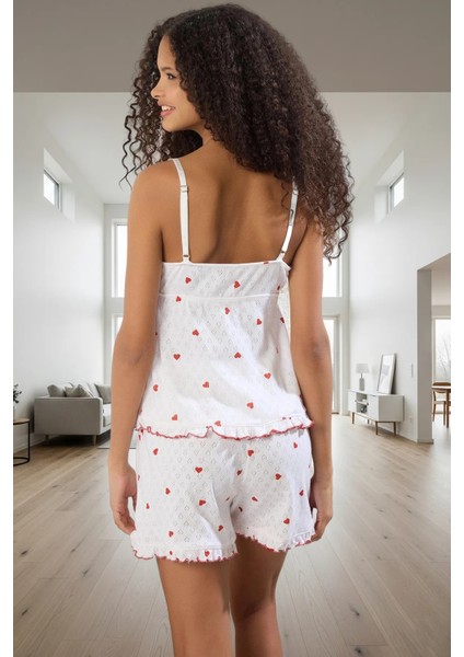 Rahat ve Şık Pamuklu Pijama Takımı Kalpli Desen V Yaka Kolsuz Görünüm Zarifane Tasarım modelleri