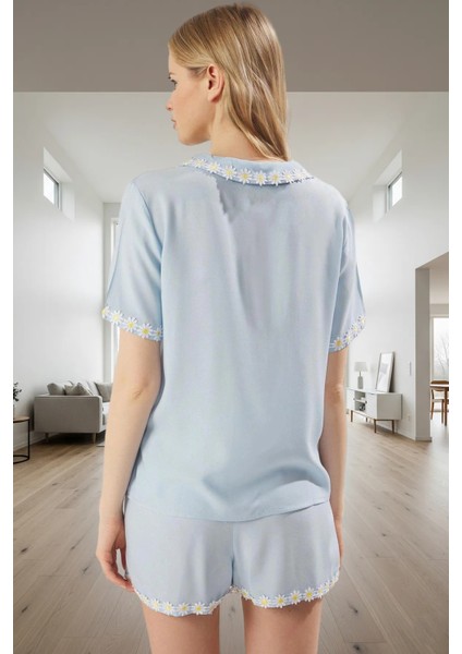 Yazlık Pijama Takımı Şortlu Papatya Detaylı %100 Viskon Kumaş Dayanıklı Malzeme modelleri