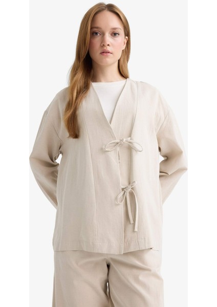 Regular Fit V Yaka Keten Karışımlı Kimono F7958AX25AU fırsatları