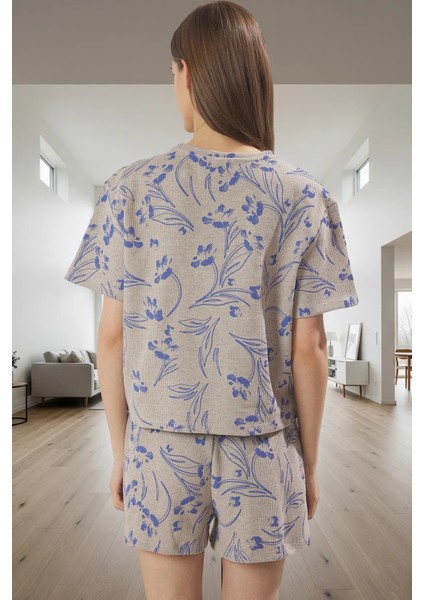 Yazlık Çok Çiçek Desenli Pijama Takımı Nefes Alan Waffle Kumaş Regular Kalıp