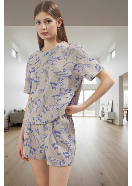 Yazlık Çok Çiçek Desenli Pijama Takımı Nefes Alan Waffle Kumaş Regular Kalıp fiyatları