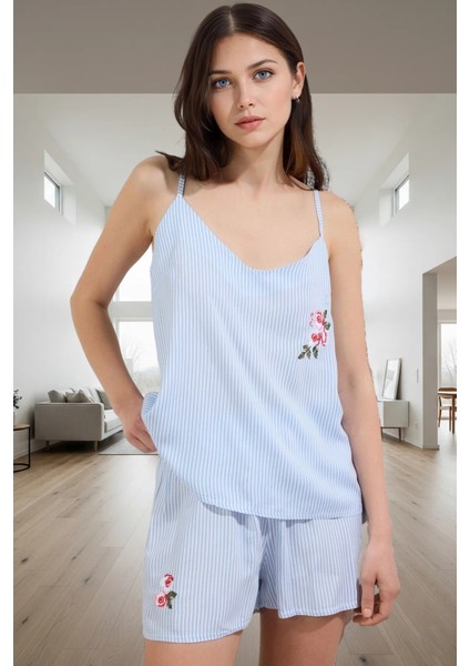 Viskon Pijama Takımı Çizgili V Yaka Nakış Detaylı Rahat Kalıp Modern Stil