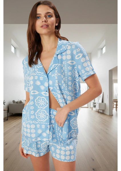 Etnik Desenli Viskon Pijama Takımı Şortlu Yumuşak Nefes Alan Rahat Mükemmel Uyum
