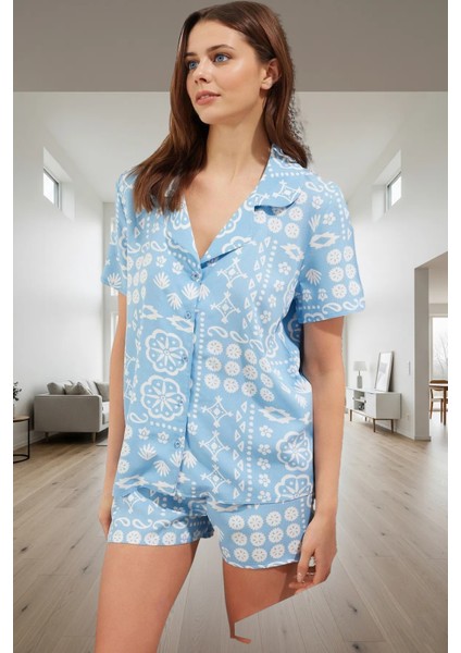 Etnik Desenli Viskon Pijama Takımı Şortlu Yumuşak Nefes Alan Rahat Mükemmel Uyum fiyatları