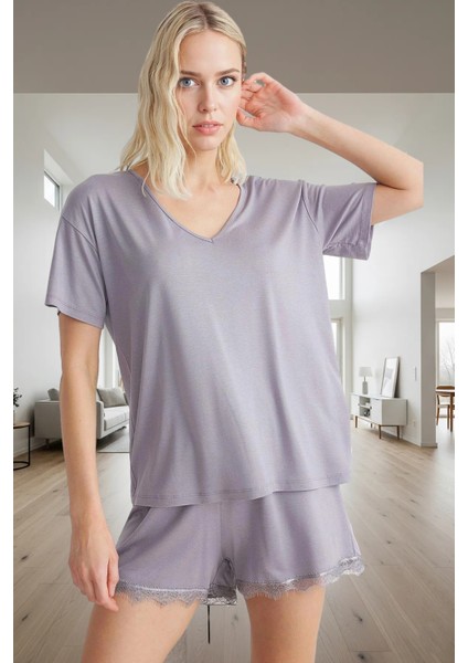 Yazlık Pijama Takımı Dantel Detaylı Viskoz Örme V Yaka Regular Kalıp Trend Tasarım fiyatları