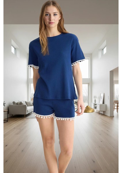 Örme Pijama Takımı Şeritli Şort ve Tişört Ponpon Detaylı Yazlık Uzun Ömürlü