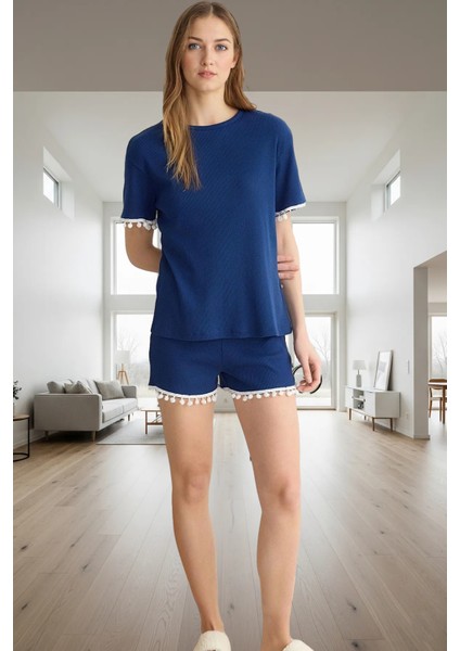 Örme Pijama Takımı Şeritli Şort ve Tişört Ponpon Detaylı Yazlık Uzun Ömürlü fiyatları