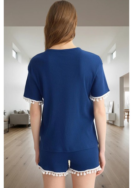 Örme Pijama Takımı Şeritli Şort ve Tişört Ponpon Detaylı Yazlık Uzun Ömürlü modelleri