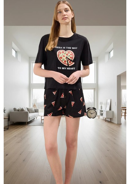 Evde Rahatlık Için %100 Pamuklu Kadın Pijama Takımı Pizza Desenli Şort ve Tişört Özenle Seçilmiş fiyatları